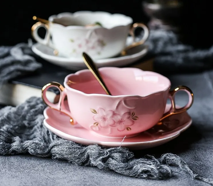 Coffee Cups With Spoon Dish Romantic Cherry Blossom Embossed Ceramic Milk Cup Bowl for Wedding Binaural Soup Bowl Dessert Bird's
Coffee Cups With Spoon Dish Romantic Cherry Blossom Embossed Ceramic Milk Cup Bowl for Wedding Binaural Soup Bowl Dessert Bird's