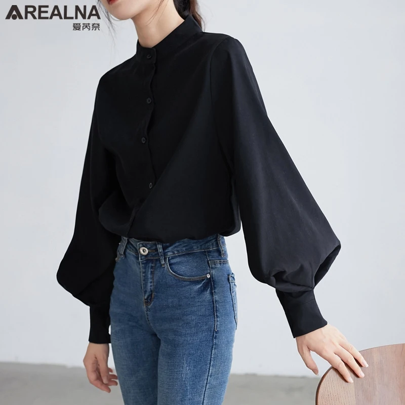 Vintage Big Lantern Sleeve Women Blouses Fall Winter Black White Button Up Shirt Chic Stand Collar Office Work Tops and Blouses
Vintage Big Lantern Sleeve Women Blouses Fall Winter Black White Button Up Shirt Chic Stand Collar Office Work Tops and Blouses