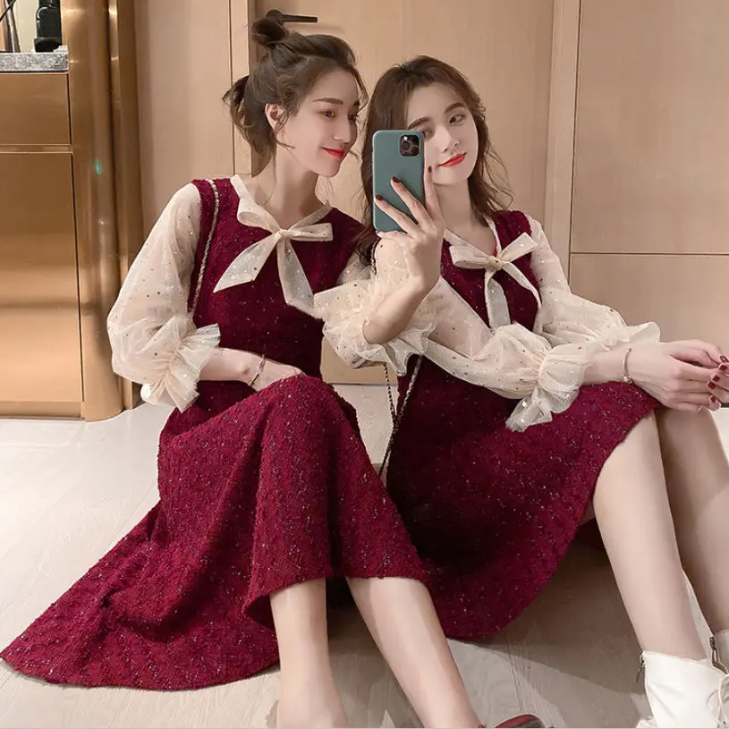 2020 Fall V-neck Bow Dress Mesh Sleeves Woman Dresses Vestido De Mujer Femme Robe
2020 Fall V-neck Bow Dress Mesh Sleeves Woman Dresses Vestido De Mujer Femme Robe