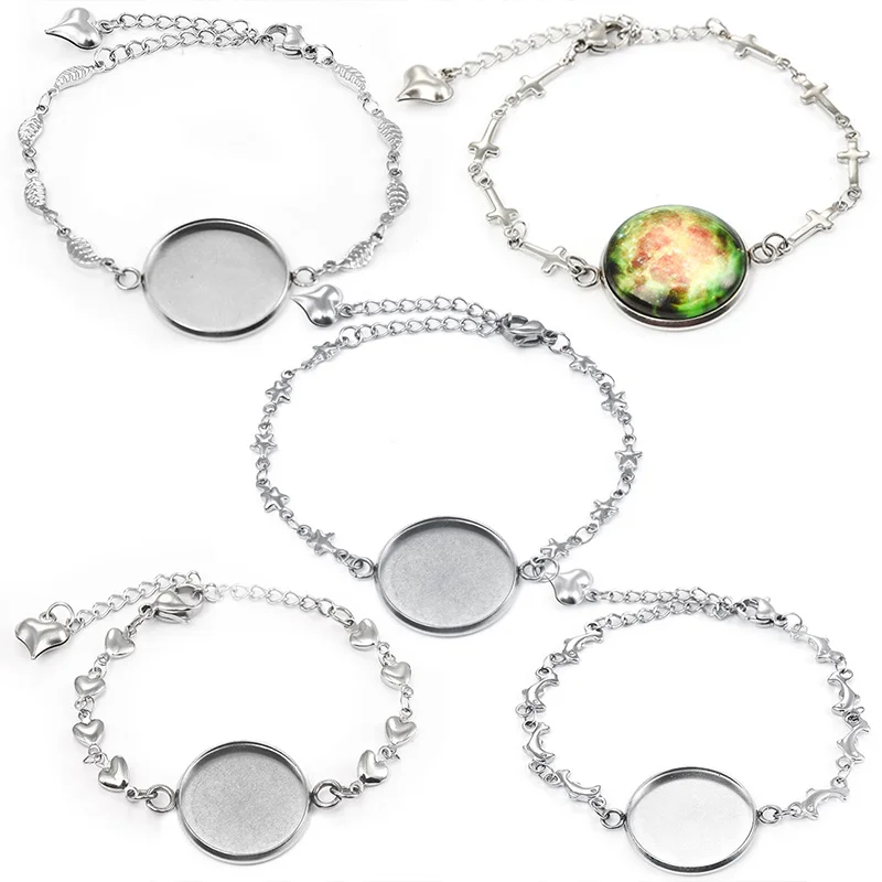 

5pcs Stainless Steel Bracelet Base Settings Round Cabochons 20mm Cameo Bracelets Bezel Trays Blanks for Jewelry DIY Finding