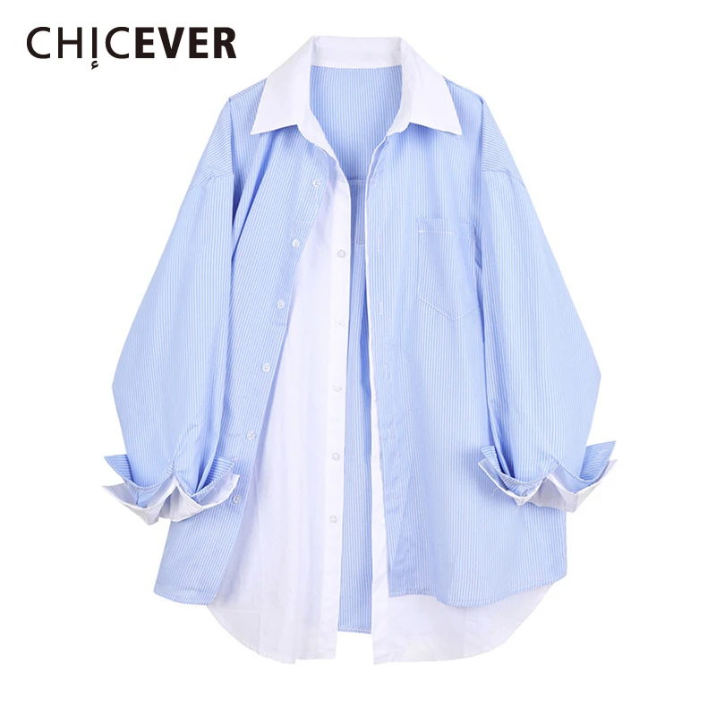 CHICEVER Blue Striped Shirt For Women Lapel Collar Long Sleeve Patchwork Fake Two Piece Hit Color Loose Blouses Female 2021 New
CHICEVER Blue Striped Shirt For Women Lapel Collar Long Sleeve Patchwork Fake Two Piece Hit Color Loose Blouses Female 2021 New
