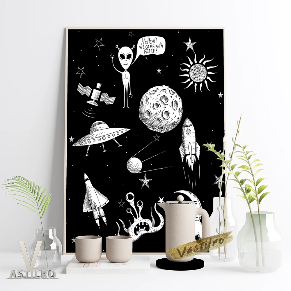 Black White Cartoon Universe Expedition Poster Sun Moon Star Planet Wall Picture Satellite Rocket UFO Art Prints Kids Room Decor
Black White Cartoon Universe Expedition Poster Sun Moon Star Planet Wall Picture Satellite Rocket UFO Art Prints Kids Room Decor