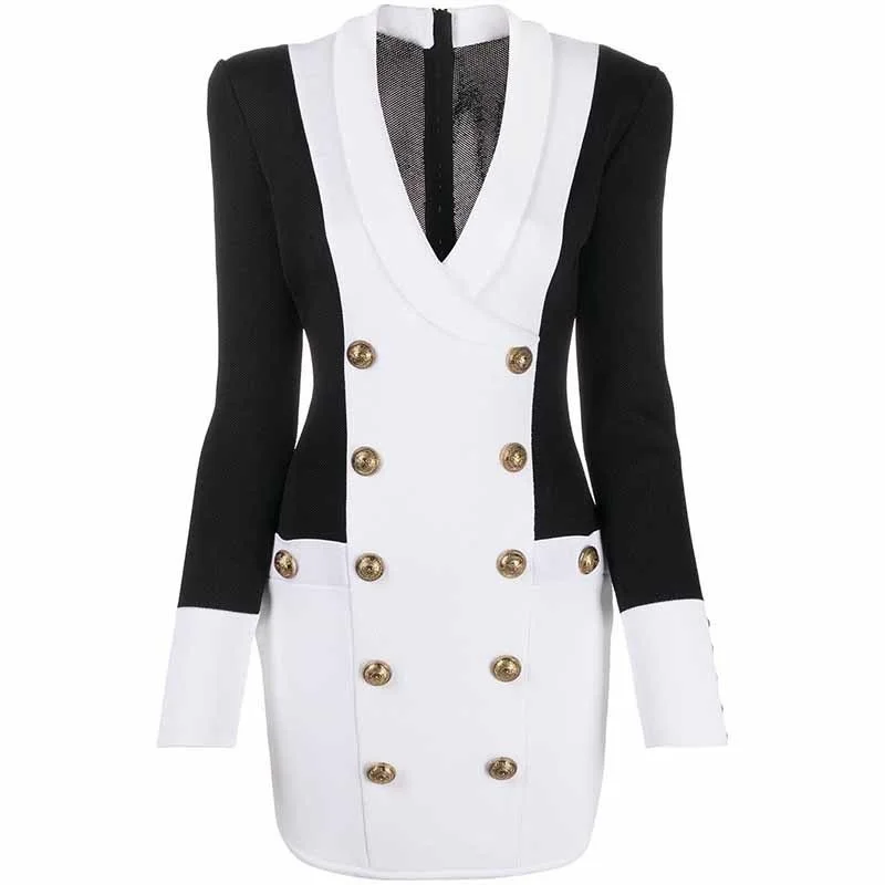 Cosmicchic 2021 Long Sleeve Short Dress Black And White Patchwork Slim V Neck Collar Double Gold Breasted Back Zipper Knitted
Cosmicchic 2021 Long Sleeve Short Dress Black And White Patchwork Slim V Neck Collar Double Gold Breasted Back Zipper Knitted