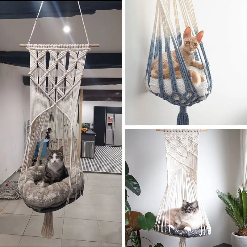 

Boho Hand Woven Cotton Tapestry Pet Cat Hammock Hanging Cats Bed Macrame Cage Swing Living Room Home Decor Pets Cat Hang Basket