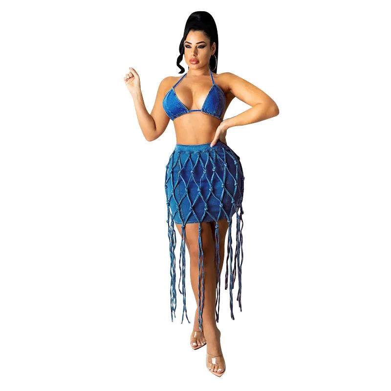 Summer Women Crop Top Long Skirts Two Piece Set Blue Party Club Wear Sexy Tassel Skirts Sets Casual Holiday Clothing 2021 New
Summer Women Crop Top Long Skirts Two Piece Set Blue Party Club Wear Sexy Tassel Skirts Sets Casual Holiday Clothing 2021 New