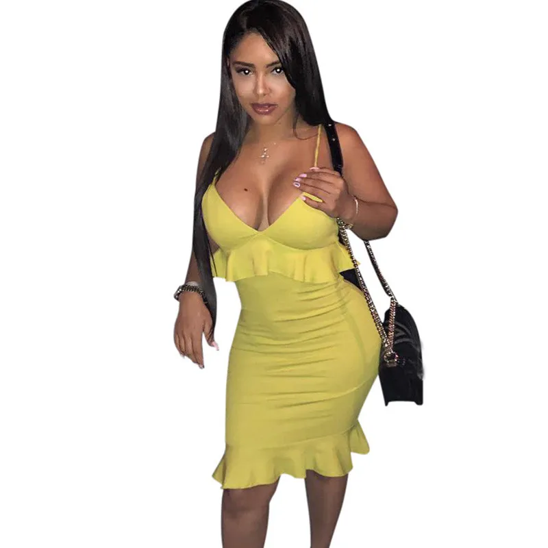 Sexy Spaghetti Strap Yellow Bodycon Dress Women V-neck Backless Sheath Ruffles Wrap Dress Elegant Birthday Holiday Party Dress
Sexy Spaghetti Strap Yellow Bodycon Dress Women V-neck Backless Sheath Ruffles Wrap Dress Elegant Birthday Holiday Party Dress