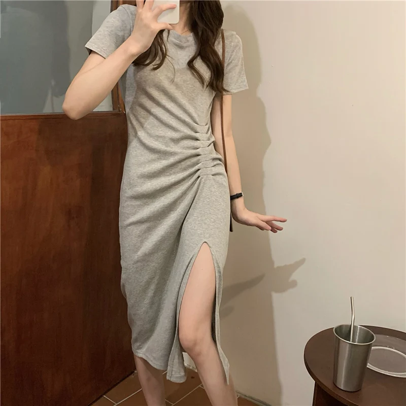 

Summer New Korean Elegant Woman Short Sleeve Pleated Midi Dress Vintage Casual Solid Color Split Fork Sundress Clothing Vestidos