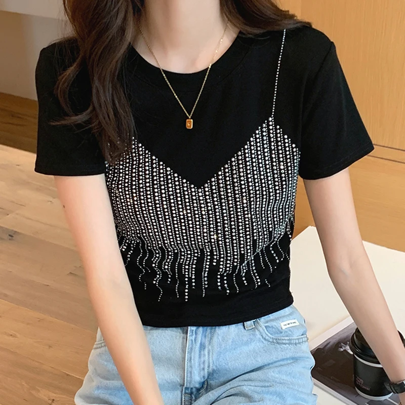 Diamonds T Shirt Women White Cute Short Sleeve 2021 Summer Tops Cotton Black T-shirt Korean Style Woman Clothes Tee Shirt Femme
Diamonds T Shirt Women White Cute Short Sleeve 2021 Summer Tops Cotton Black T-shirt Korean Style Woman Clothes Tee Shirt Femme