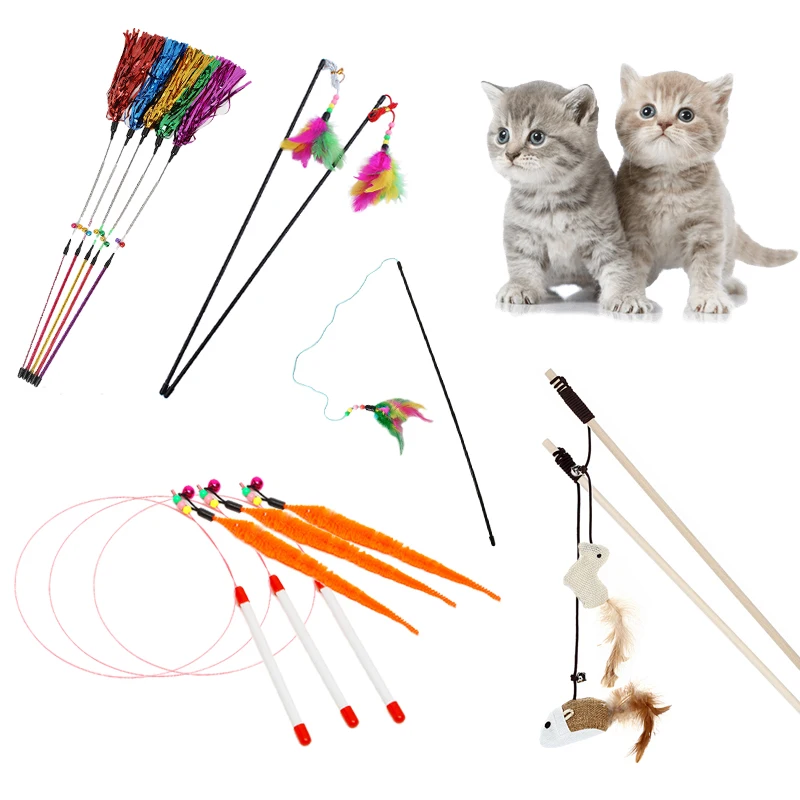

Игрушка-Дразнилка для домашних кошек, палочка для ловли кошек с перьями и льняной палочкой, деревянная игрушка-мышь кошачьи интерактивные и...