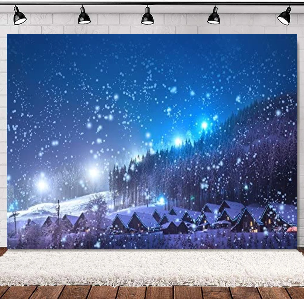 Christmas Backdrop Rustic Village Night View Forest Trees Snowing Shining Lights Blue Sky Winter Xmas Photography Background
Christmas Backdrop Rustic Village Night View Forest Trees Snowing Shining Lights Blue Sky Winter Xmas Photography Background