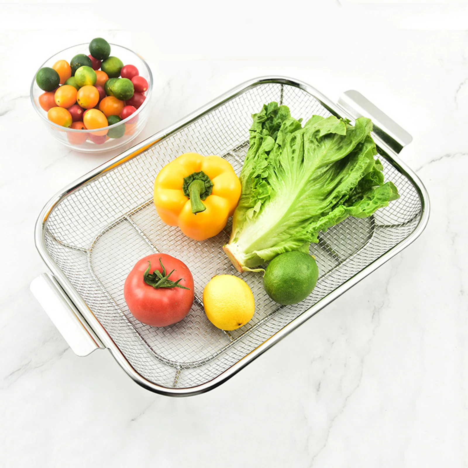 Kitchen Drain Basket with Handles, Stainless Steel Silver Drain Basket, Kitchen tableware Storage Rack
Kitchen Drain Basket with Handles, Stainless Steel Silver Drain Basket, Kitchen tableware Storage Rack