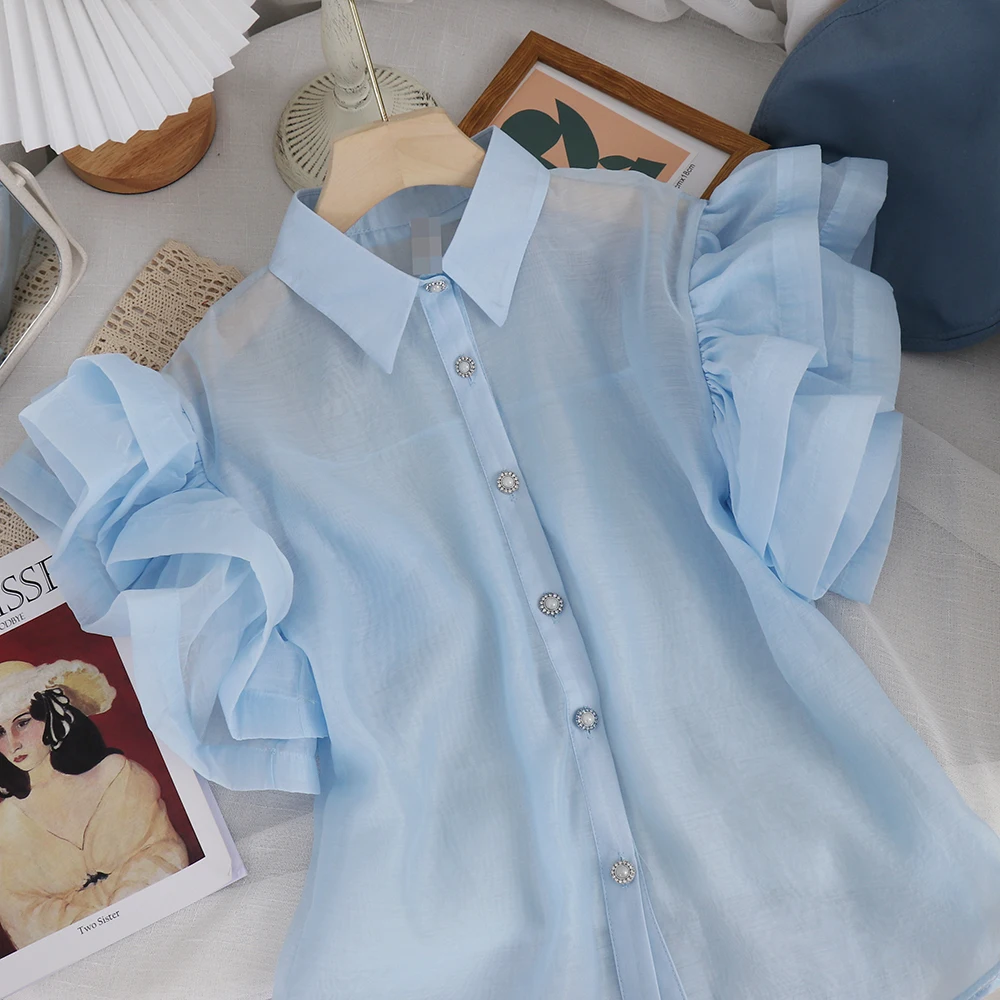 Summer Cute Fashion Women New Lace Ruffled Sleeves Slimming Shirt Solid Color Lapel Single-Breasted Blouse for Lady 
Summer Cute Fashion Women New Lace Ruffled Sleeves Slimming Shirt Solid Color Lapel Single-Breasted Blouse for Lady