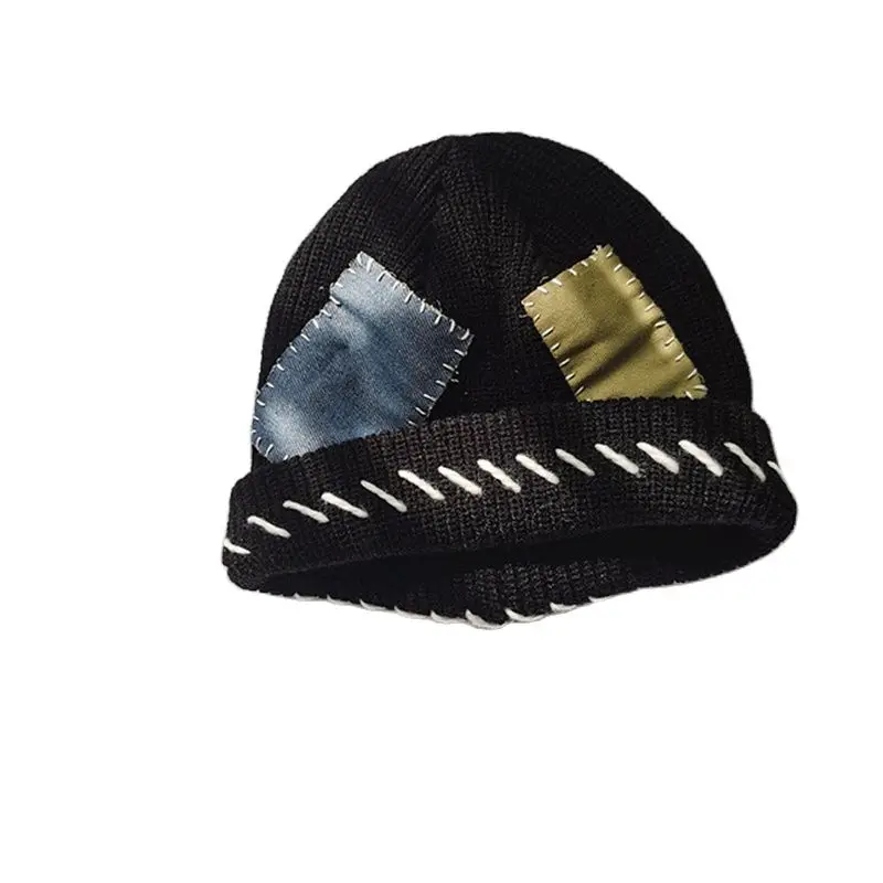 

Индивидуальная трендовая вязаная шапка с нашивками Мужская и Женская осенне-зимняя теплая двухслойная шерстяная холодная шапка с простроч...