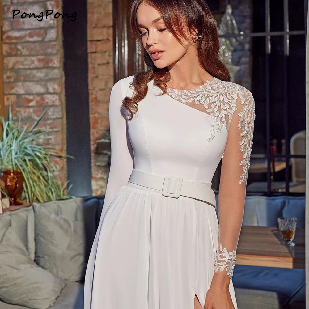 Elegant O-Neck Chiffon Wedding Dresses Long Sleeves Sexy Appliques Train Bridal Gowns With Belt Side Split Vestidos De Novia
Elegant O-Neck Chiffon Wedding Dresses Long Sleeves Sexy Appliques Train Bridal Gowns With Belt Side Split Vestidos De Novia