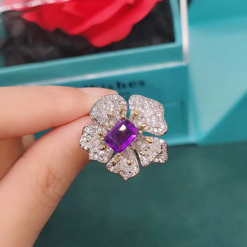 Luxury Silver Color Synthetic Amethyst Ring Female Flower Purple Crystal Ring Adjustable Ring Wedding Engagement Jewelry Gift
Luxury Silver Color Synthetic Amethyst Ring Female Flower Purple Crystal Ring Adjustable Ring Wedding Engagement Jewelry Gift