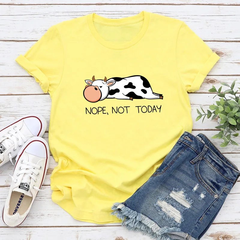 

Cartoon Lazy Milk Cows Print T-shirt Women Cute Casual Basis O-neck Shirt Short Sleeve Ladies T-shirt NOPE,NOT TODAY Printing