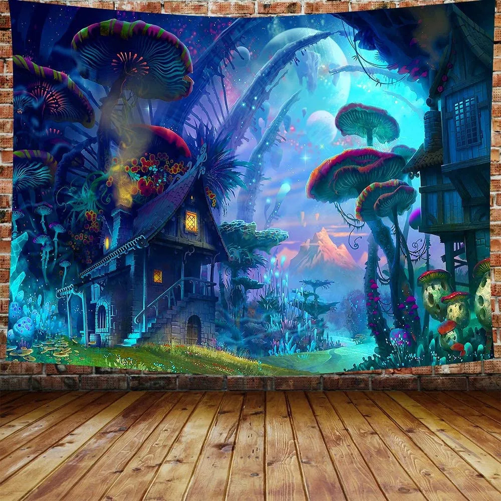 

Hippie Mushroom Castle Wall Hanging Tapestry Nature Art Starry Sky Hippy Psychedelic Wall Cloth Carpet Decor Beach Towel