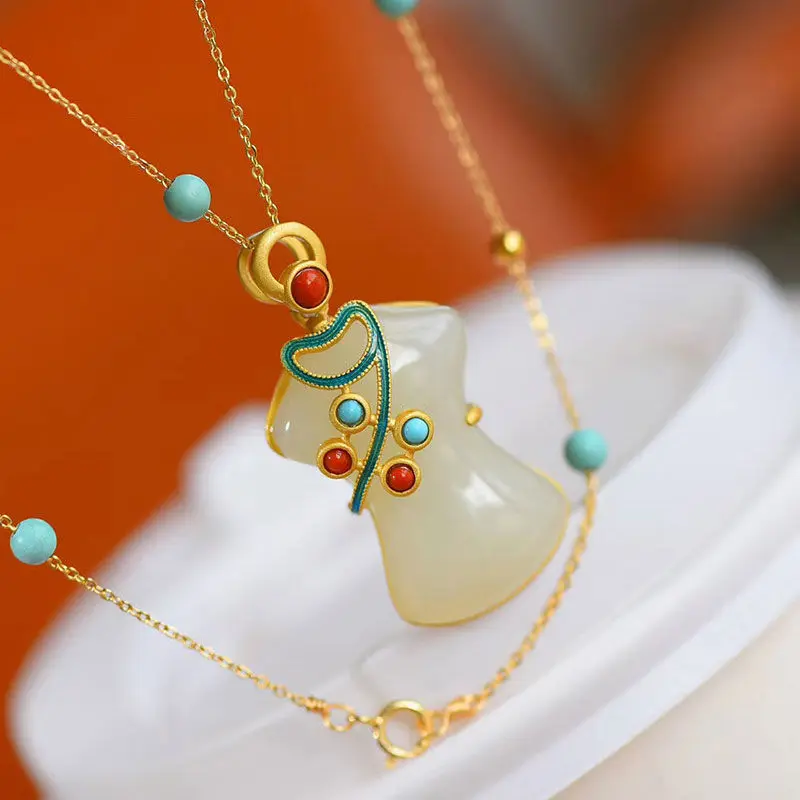 

New silver inlaid natural Hetian white jade pendant necklace Chinese cheongsam unique ancient gold craft women's brand jewelry