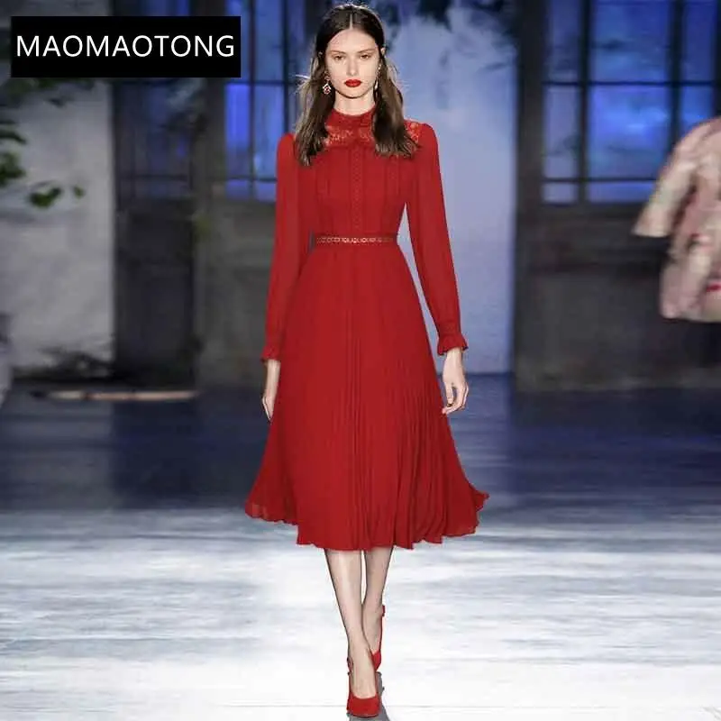 Fashion Designer Autumn Red Dress Women's Stand-Long sleeve lace Splicing High waist A Line Midi Dress
Fashion Designer Autumn Red Dress Women's Stand-Long sleeve lace Splicing High waist A Line Midi Dress