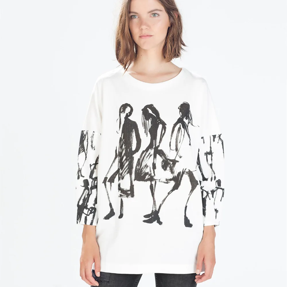 Women T-shirt 2021 Autumn European Style Vintage Black Art Ink Painting Print Three Quater Knitted Cotton White Ladies Tops
Women T-shirt 2021 Autumn European Style Vintage Black Art Ink Painting Print Three Quater Knitted Cotton White Ladies Tops
