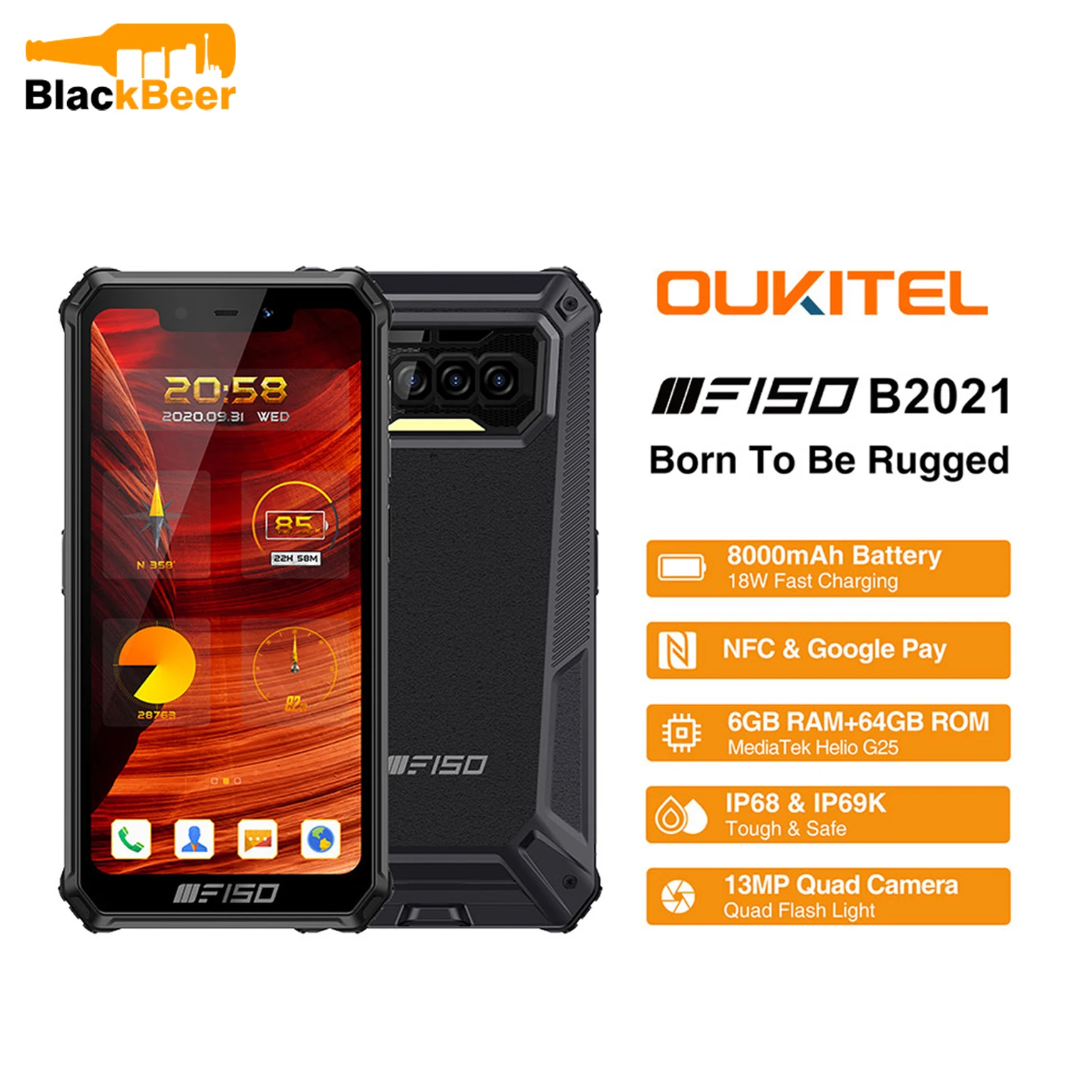 Oukitel F150 B2021 Android 10 0 смартфон IP68/IP69K прочный открытый мобильный телефон 6 ГБ + 64