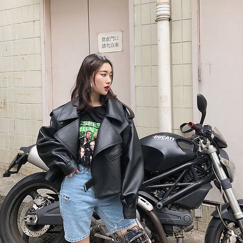 High quality Faux PU Leather Jacket Women High waist Short Loose Big pocket Biker Jacket Streetwear Spring Casual Abrigo Mujer
High quality Faux PU Leather Jacket Women High waist Short Loose Big pocket Biker Jacket Streetwear Spring Casual Abrigo Mujer
