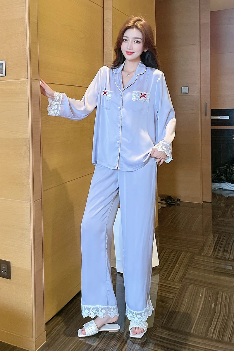 2021 Women's Pajamas Sets Long Sleeve Trousers Thin Silk Nightwear Spring and Summer Lace Bow Korean Style Satin Home Wear Girl
2021 Women's Pajamas Sets Long Sleeve Trousers Thin Silk Nightwear Spring and Summer Lace Bow Korean Style Satin Home Wear Girl