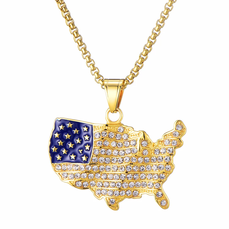 US7 Iced Out Американский флаг карта ожерелья с подвесками для мужчин из нержавеющей