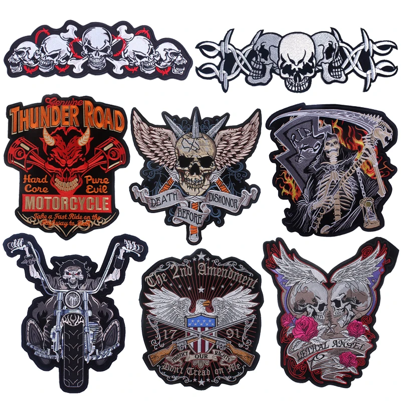 Rock Motorcycle Skull Big Patch Rose Skull Embroidery Biker Stripes Iron/Sew On Patches For Clothes Punk Eagle DIY Jacket Badges
Rock Motorcycle Skull Big Patch Rose Skull Embroidery Biker Stripes Iron/Sew On Patches For Clothes Punk Eagle DIY Jacket Badges