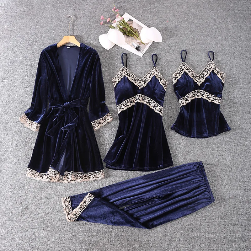 SEXY Women Velvet 4PCS Pajamas Set Autumn Winter New Robe Suit Sleepwear Casual Velour Kimono Bathrobe Gown Lace Nightwear
SEXY Women Velvet 4PCS Pajamas Set Autumn Winter New Robe Suit Sleepwear Casual Velour Kimono Bathrobe Gown Lace Nightwear