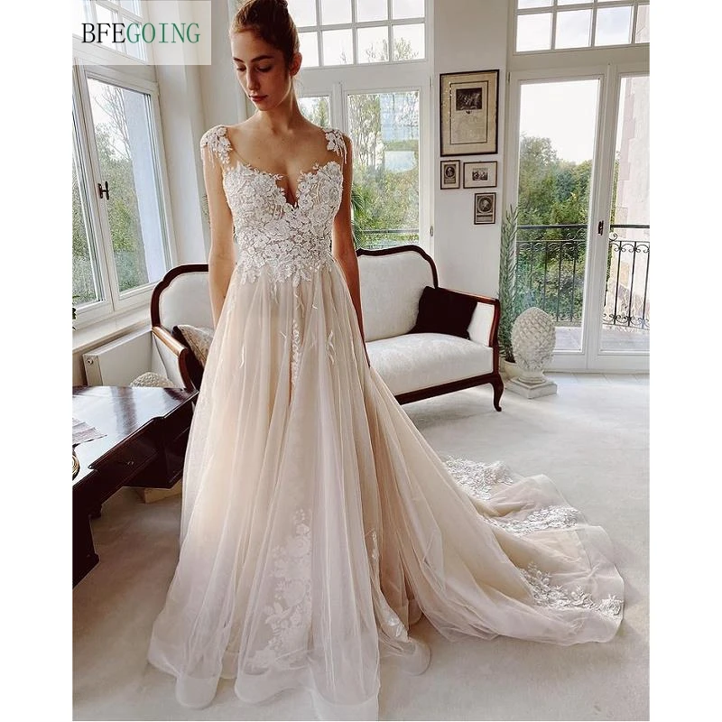 Ivory Lace Champagne Beading Tulle Sleeveless Bridal Gowns Floor-Length A-Line Wedding Dresses Chapel Train Custom Made
Ivory Lace Champagne Beading Tulle Sleeveless Bridal Gowns Floor-Length A-Line Wedding Dresses Chapel Train Custom Made