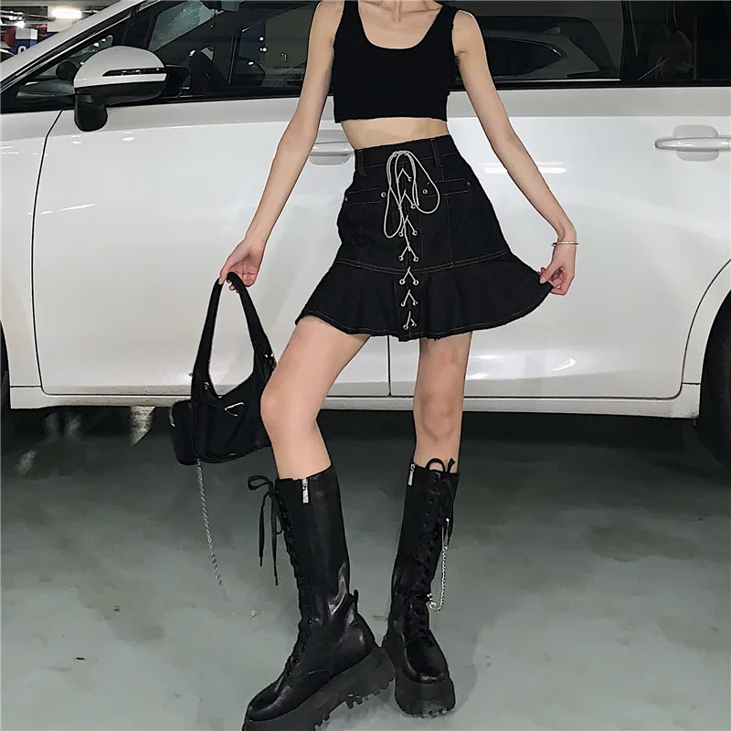Harajuku Black Women Mini Skirts Vintage Ruffles Lace-Up High Waist A-Line Denim Skirts Fashion Casual Slim All-Match Streetwear
Harajuku Black Women Mini Skirts Vintage Ruffles Lace-Up High Waist A-Line Denim Skirts Fashion Casual Slim All-Match Streetwear