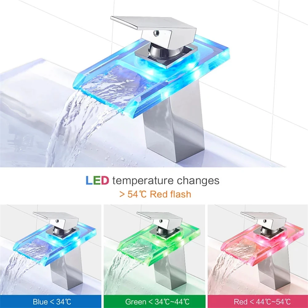 LED Bathroom Faucet Flat Mouth Waterfall Basin Faucets Kitchen Deck Mounted Wash Sink Glass Taps 3 Colors Change for Temperature
LED Bathroom Faucet Flat Mouth Waterfall Basin Faucets Kitchen Deck Mounted Wash Sink Glass Taps 3 Colors Change for Temperature