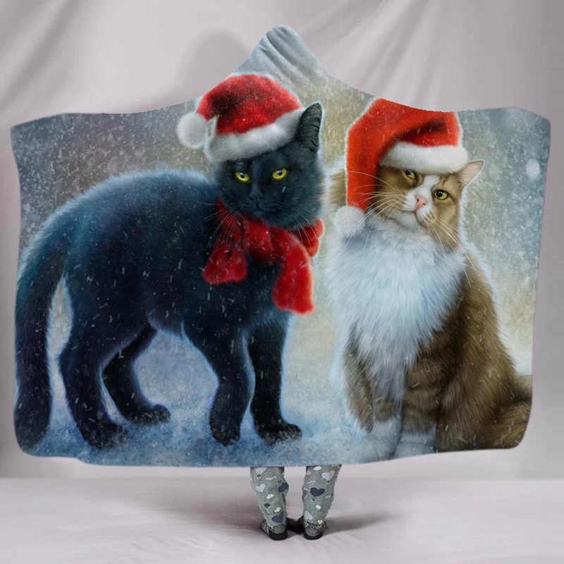 

Теплое Флисовое одеяло с капюшоном для детей и взрослых, шапка Санта-Клауса, кошки, снеговика, подарок на Рождество и новый год, Прямая поста...