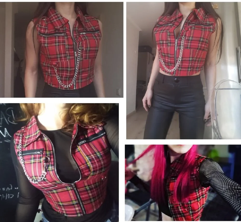 Rosetic Summer Gothic Chic Sexy Club Punk Ladies Red Women Tops Blouses Slim Lapel Zipper Chain Plaid Female Goth Retro Hip Hop 
Rosetic Summer Gothic Chic Sexy Club Punk Ladies Red Women Tops Blouses Slim Lapel Zipper Chain Plaid Female Goth Retro Hip Hop