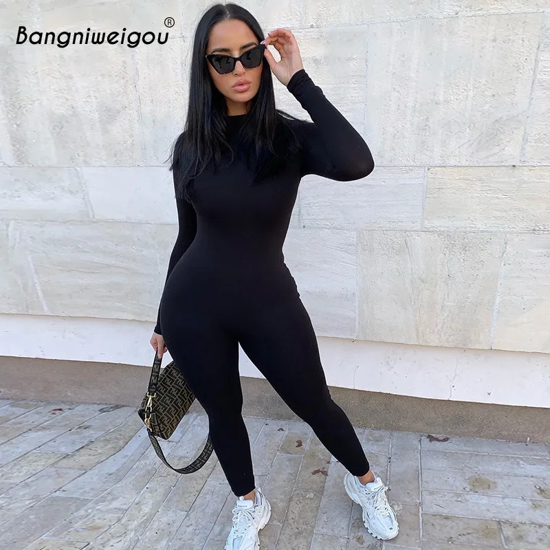 

Bangniweigou Long Sleeve Fitness Stretchy Jumpsuit Women Zip Up One-piece Solid Jumpsuit Casual Streetwear Skinny Long Overalls