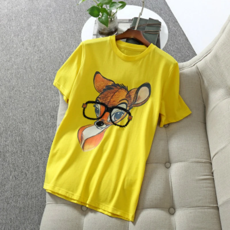 High Quality Print Cartoon Deer Summer T shirt Ladies with Rivet Streetwear Casual Elegant Tshirt Women Black Yellow White Tops
High Quality Print Cartoon Deer Summer T shirt Ladies with Rivet Streetwear Casual Elegant Tshirt Women Black Yellow White Tops
