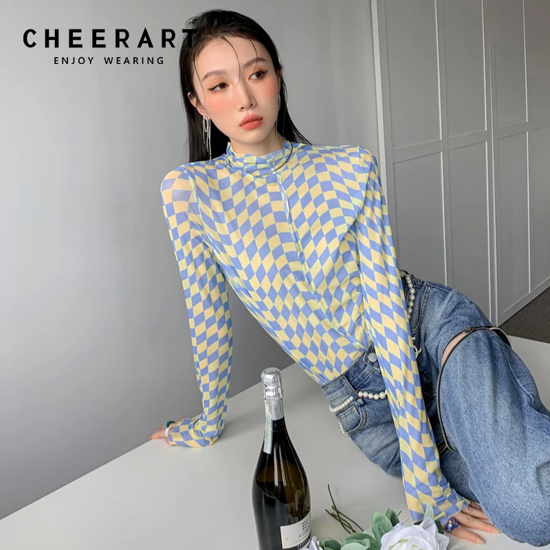 CHEERART Checkerboard Turtleneck T Shirt Women Long Sleeve Top Yellow Blue Tees See Through Tshirt Fall 2021 Womens Fashion
CHEERART Checkerboard Turtleneck T Shirt Women Long Sleeve Top Yellow Blue Tees See Through Tshirt Fall 2021 Womens Fashion
