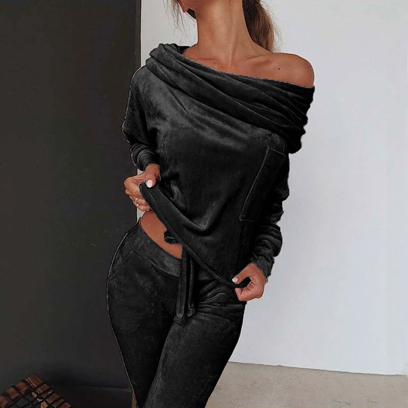 Sexy Slash Neck Pullover Sweathsirt and Drawstring Pants Sets Autumn Winter Women Warm Two Piece Suit Solid Casual Lady Outfits
Sexy Slash Neck Pullover Sweathsirt and Drawstring Pants Sets Autumn Winter Women Warm Two Piece Suit Solid Casual Lady Outfits