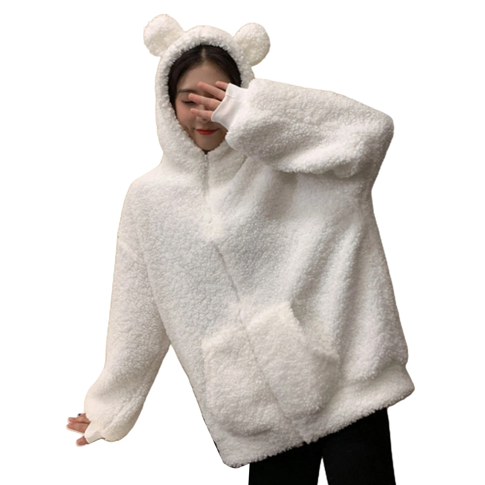 Women Autumn Winter Long Sleeve Cute Ears Faux Fleece Zipper Pocket Hoodie Coat
Women Autumn Winter Long Sleeve Cute Ears Faux Fleece Zipper Pocket Hoodie Coat