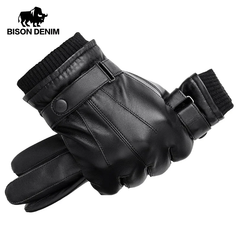 BISON DENIM Men Genuine Sheepskin Leather Gloves Autumn Winter Warm Touch Screen High Quality Full Finger Black S019 | Аксессуары для