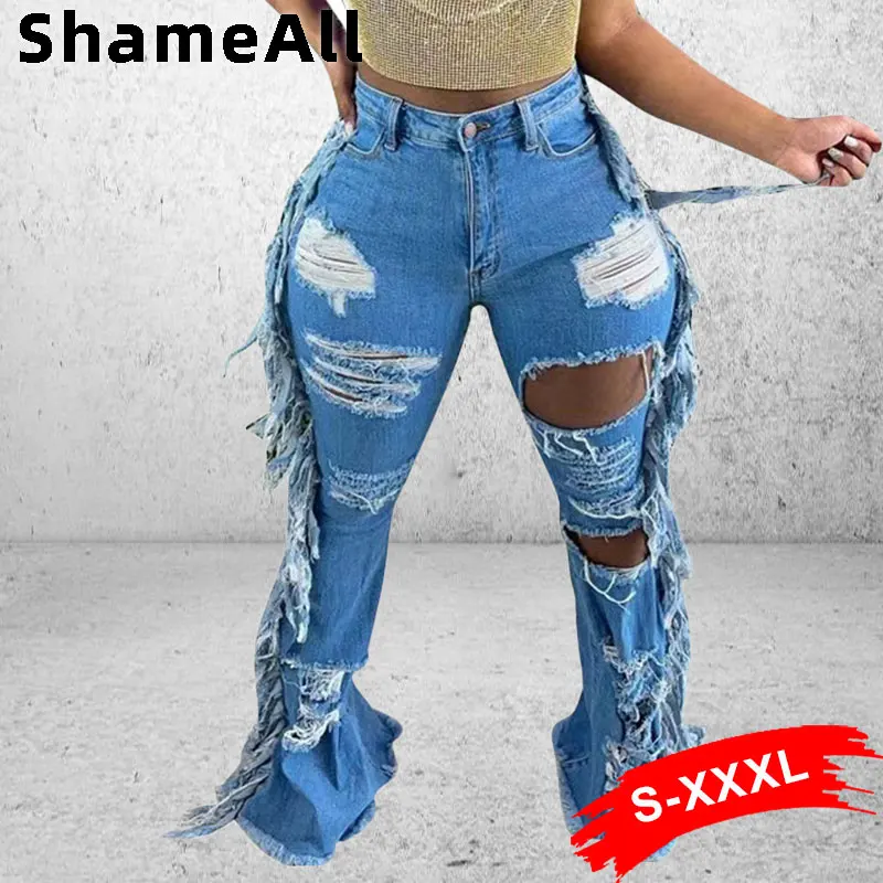 

Plus Size Street Ripped Tassels Stretchy Skinny Flare Jeans 3XL Mom Destroyed Cut Holes Denim Pant High Fashion Bell-Bottom Jean