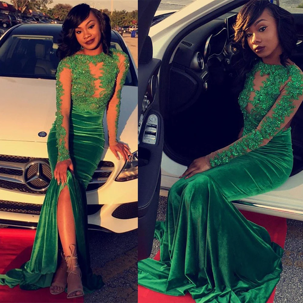 

Aso Ebi African Mermaid Evening Dress Velour Applique Green Prom Dresses Nigerian Style Formal Party Gowns Plus Size