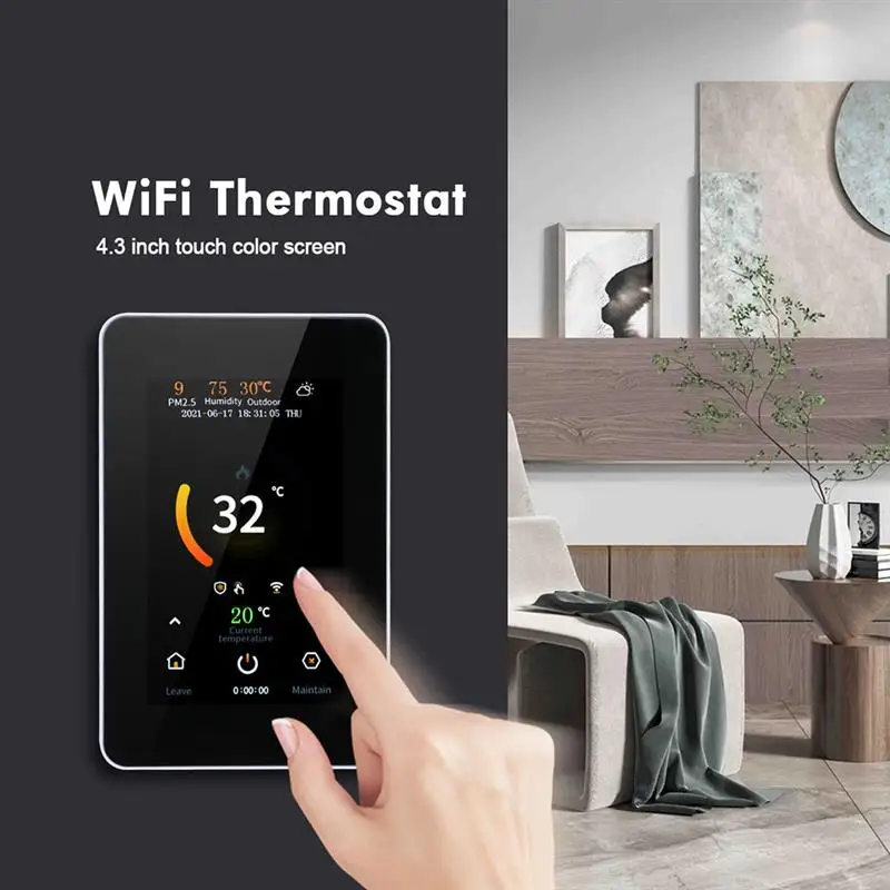 Intelligent Wi-Fi Smart Thermostat WIth LCD Touch Screen Wall Hanging Heating Temperature Controller Work for Google Alexa Home
Intelligent Wi-Fi Smart Thermostat WIth LCD Touch Screen Wall Hanging Heating Temperature Controller Work for Google Alexa Home