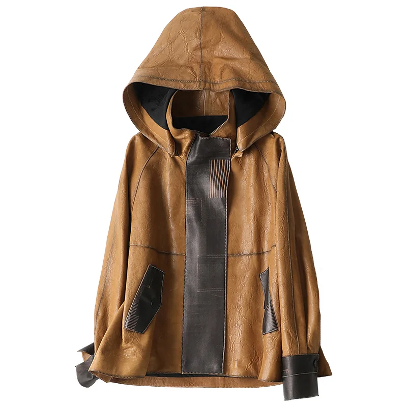 

Genuine Sheepskin Leather Suede Coat with Hoody Autumn Women Outerwear Jacket Garment LF2110