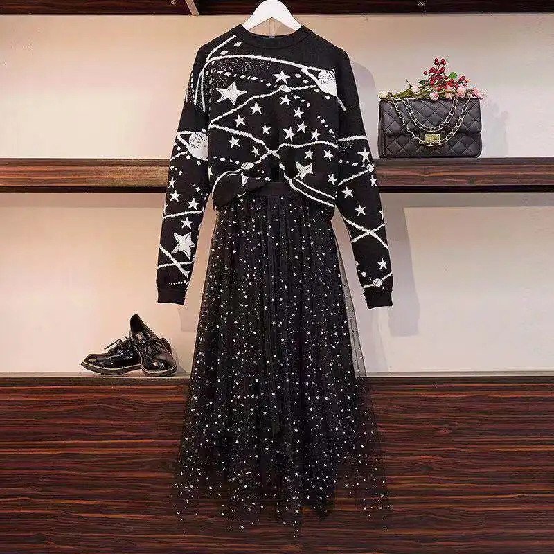 Women Knit Two Piece Set 2019 Autumn Winter New Sweater Tops And Star Mesh Skirt Knitted Suits Elegant Long Sleeve Pullovers | Женская