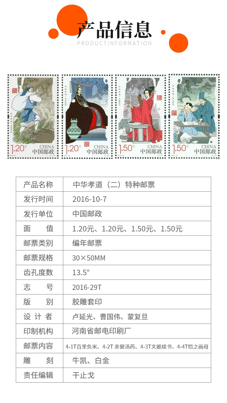 The new 2016-29 Chinese Filial Piety (2) stamp package collection of four-party joint large and small tickets 
The new 2016-29 Chinese Filial Piety (2) stamp package collection of four-party joint large and small tickets