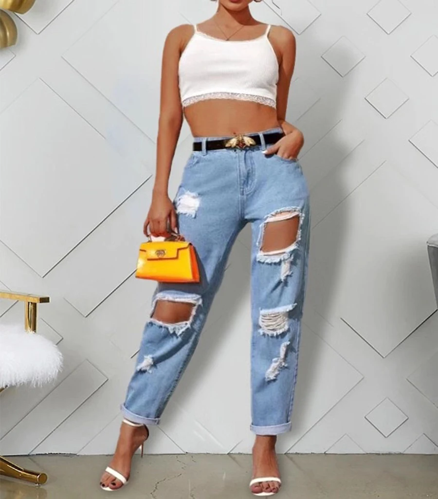 Ripped Casual Straight Leg Jeans For Women In Fall/Winter 2021 
Ripped Casual Straight Leg Jeans For Women In Fall/Winter 2021