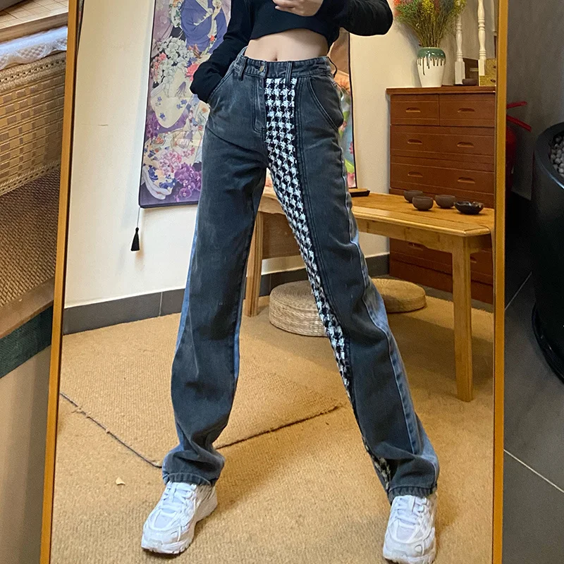 New Design Sense of Pants Contrast Color Irregular Stitching Jeans Women's High Waist Diagonal Pocket Straight Fashion
New Design Sense of Pants Contrast Color Irregular Stitching Jeans Women's High Waist Diagonal Pocket Straight Fashion