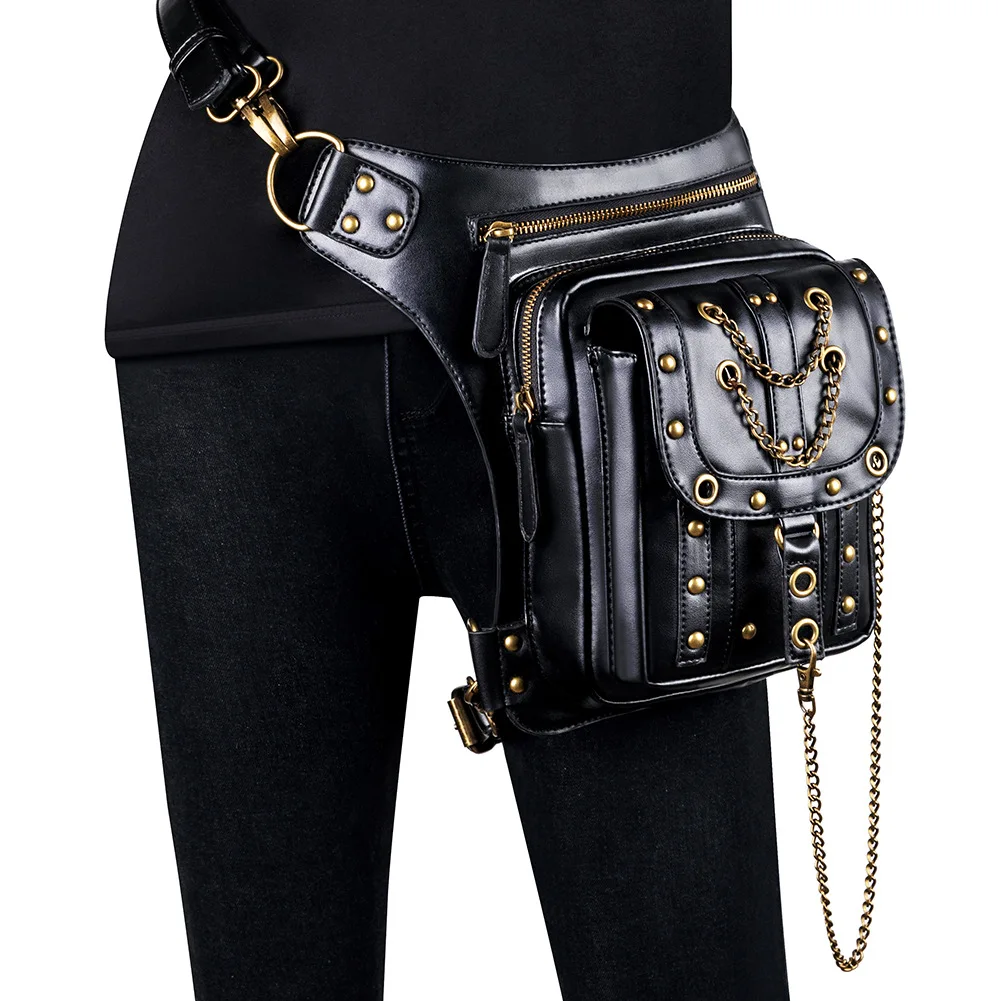 

Retro SteamPunk Leather Waist Bag Serpentine Crossbody Bag Rock Men Women Gothic Black Fanny Packs Fashion Motorcycle Leg Bags